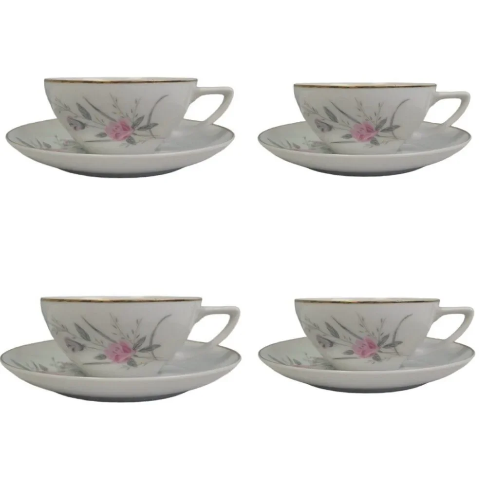 Set of 4 Vintage Golden Rose Flower Gold Rim Fine China Japan Teacups Saucers
